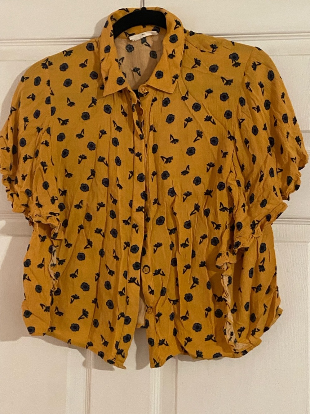 Elodie Mustard Short-Sleeve Button Front Blouse with Black Floral Print